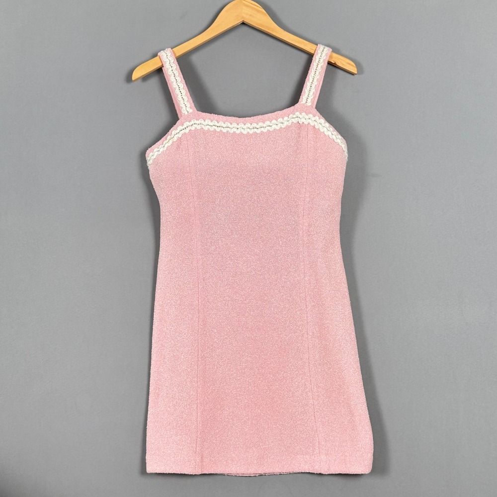Vintage St John‎ Marie Gray Pink Boucle Knit Mini Dress Wool Crochet Trim Sz 10